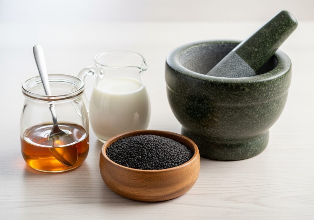 A tidy setup of ingredients for black sesame latte: black sesame seeds, milk, sweetener, and a mortar and pestle.
