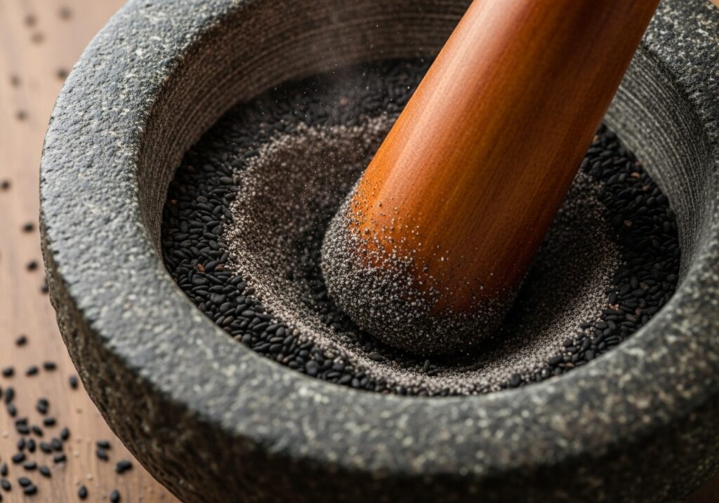 Close-up of black sesame seeds being ground into a fine powder in a mortar and pestle.