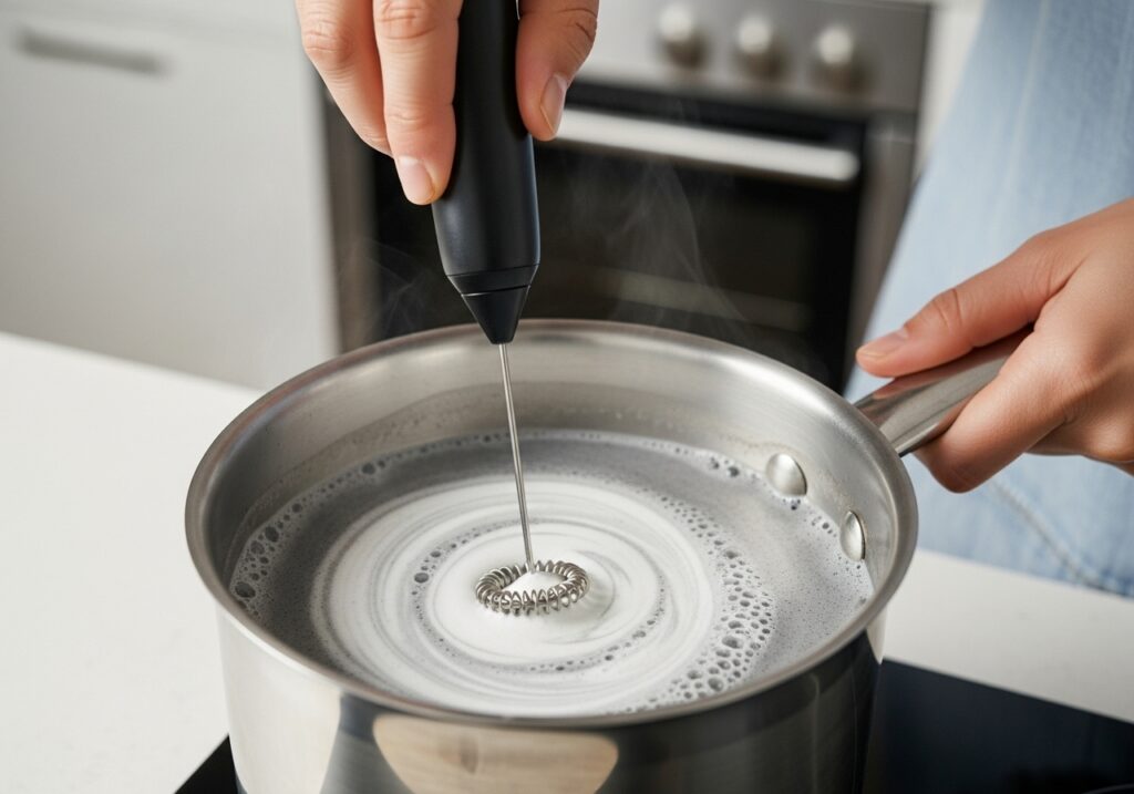 A person using a handheld frother to create foam on top of the black sesame latte in the saucepan.