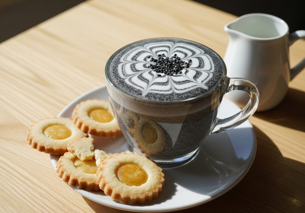 A black sesame latte served alongside delicate cookies, showcasing a perfect afternoon treat.