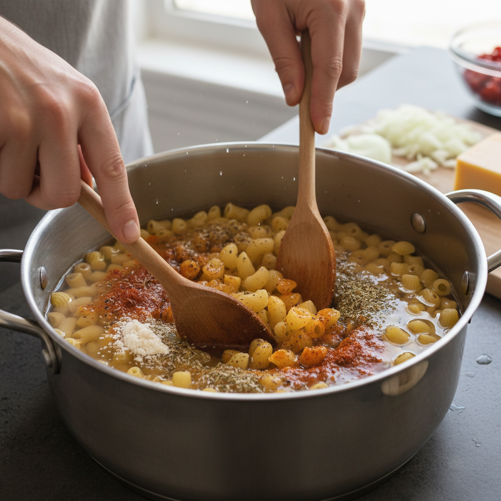 Cooking pasta and water in a pot for mac and cheese