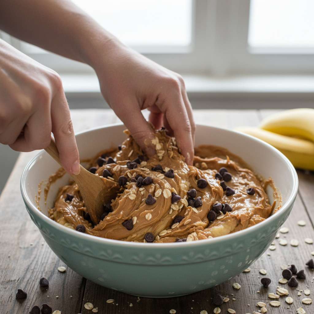 Mixing banana oatmeal bars ingredients