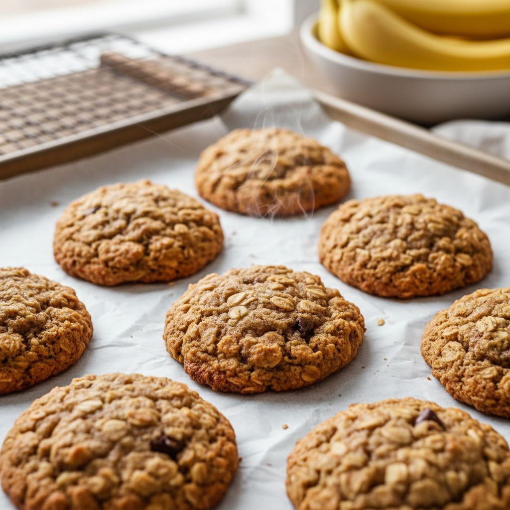 Cooling banana oatmeal cookies on a wire rack