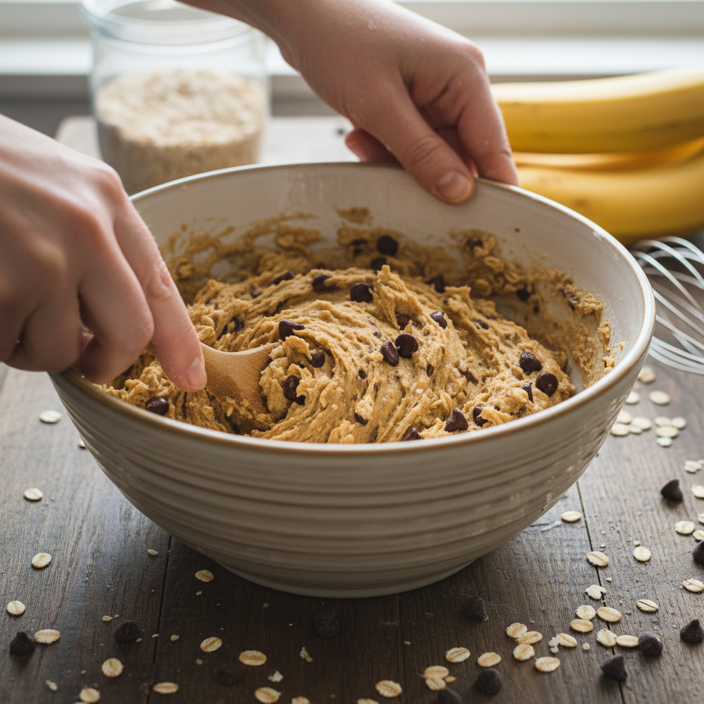 Stirring chocolate chips into banana oatmeal cookie dough