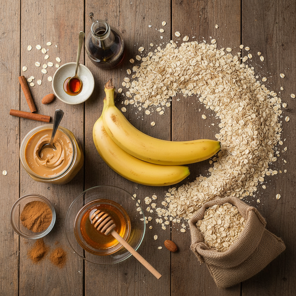 Ingredients for Banana Peanut Butter Oatmeal Bars laid out