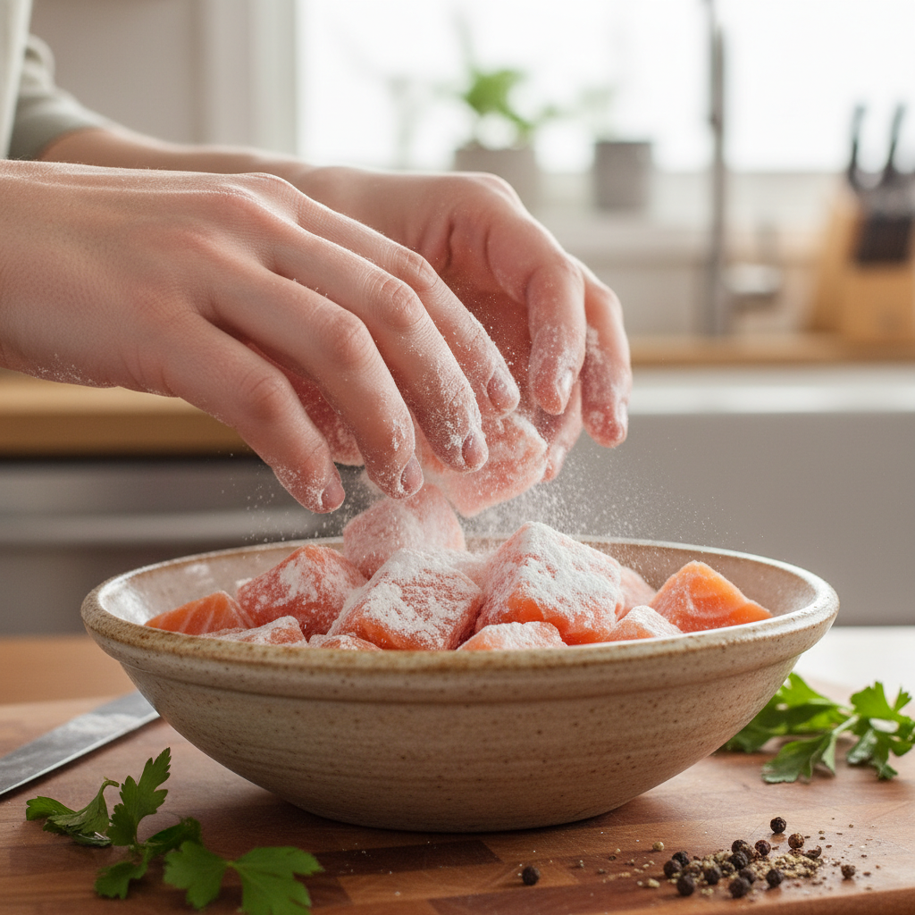 Salmon pieces coated with cornstarch