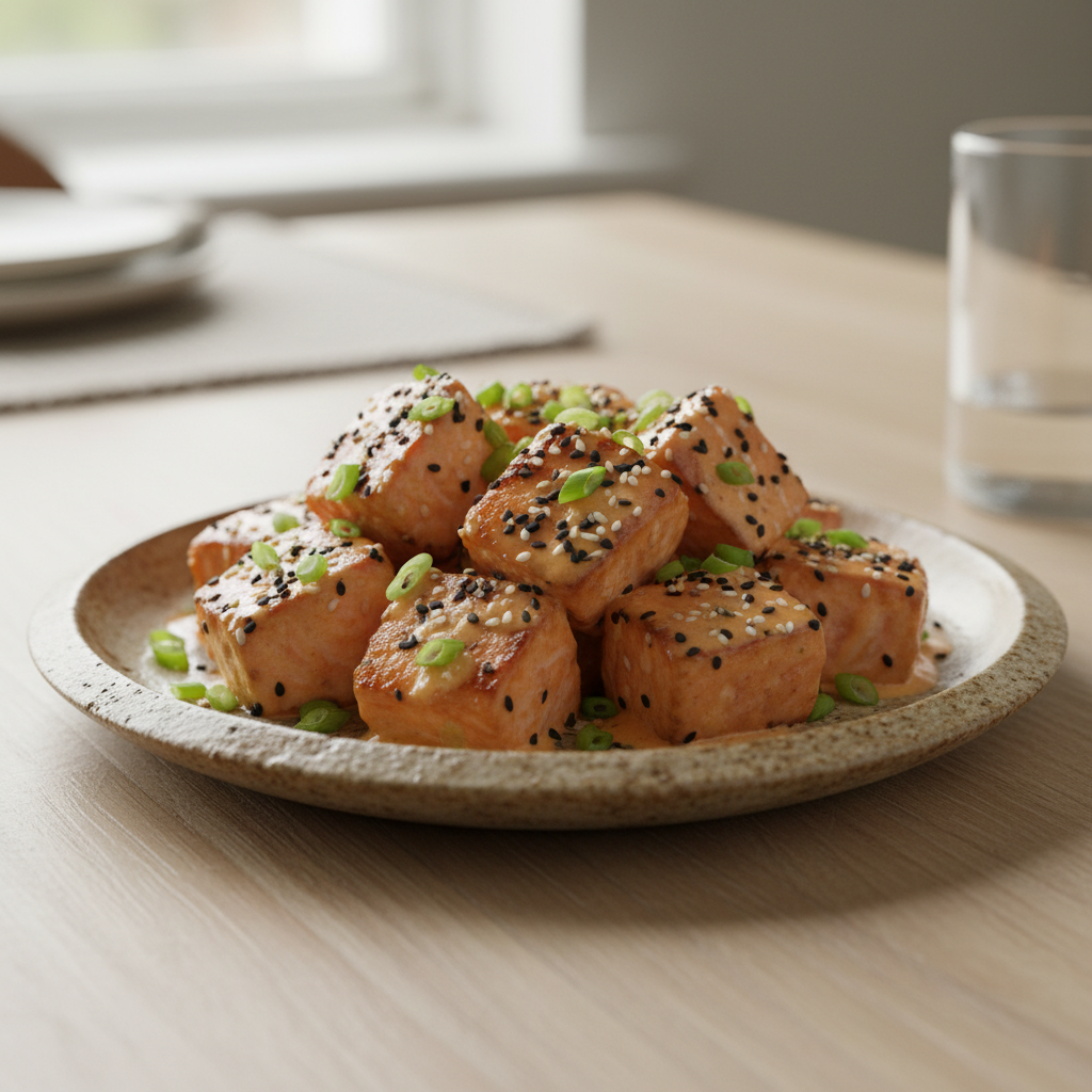 Served Bang Bang Salmon Bites with garnish and sides
