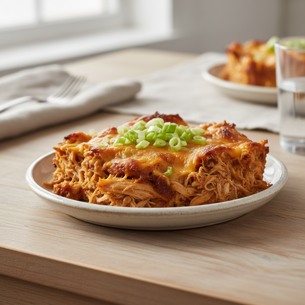 Finished barbecue shredded chicken casserole with cheese and tortilla chips