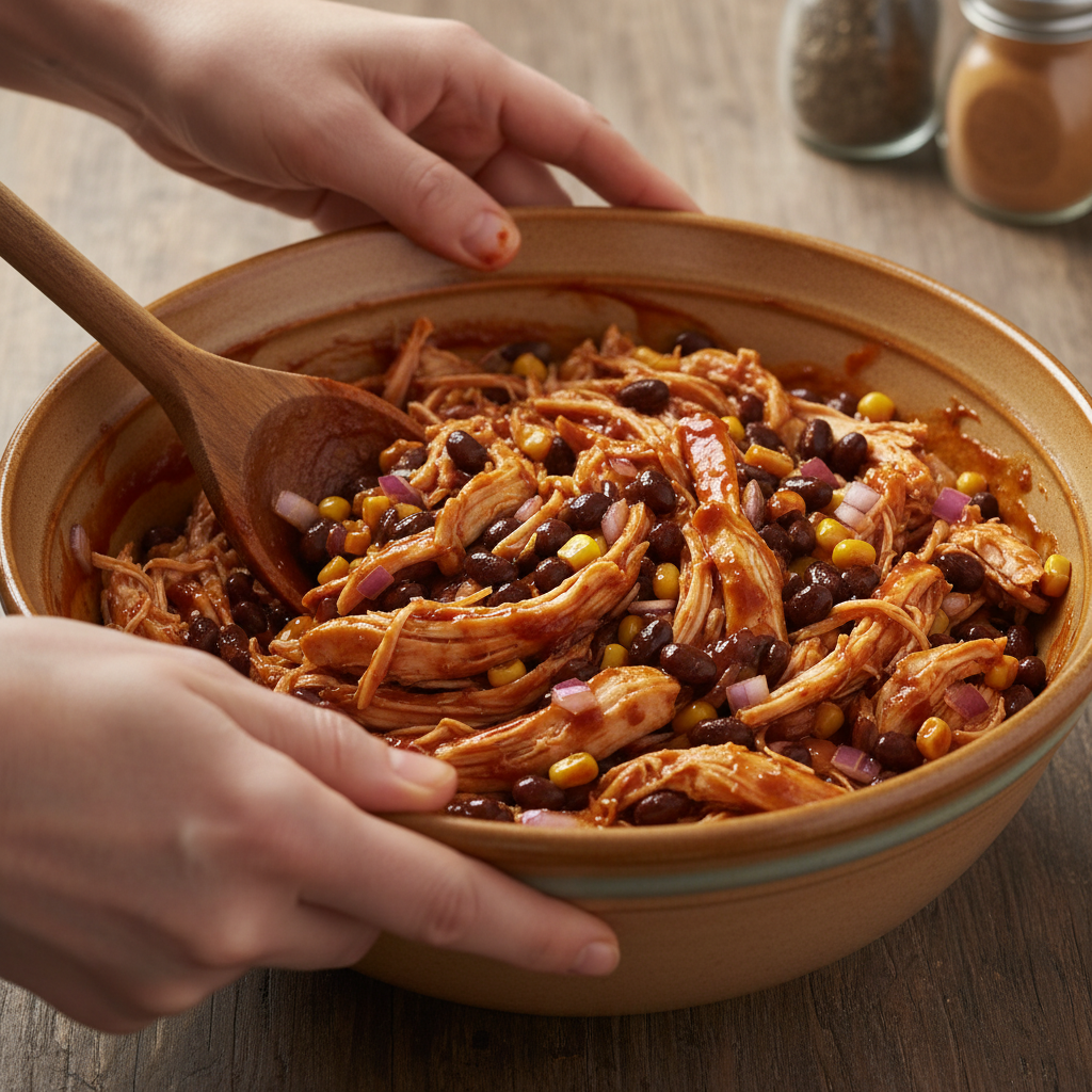 Mixing chicken, rice, beans, corn, and barbecue sauce in a bowl