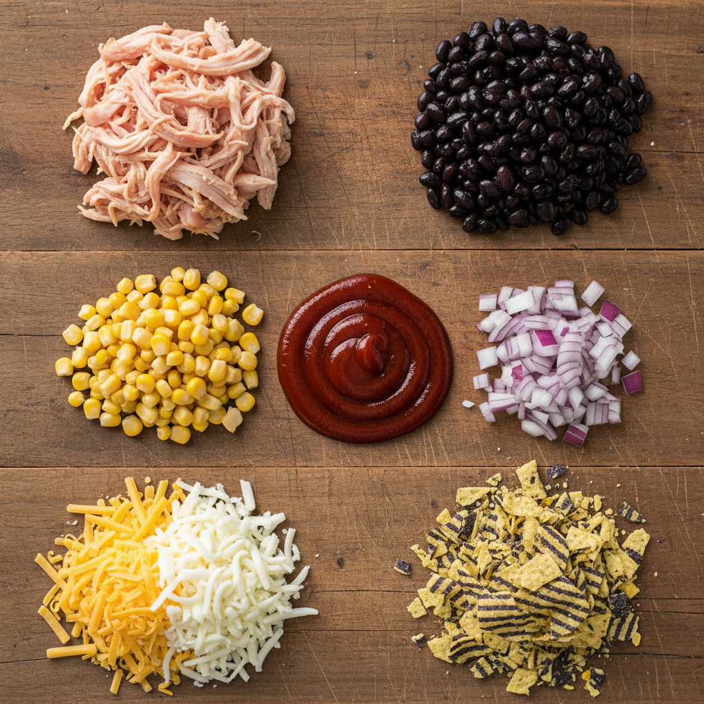Ingredients for barbecue shredded chicken casserole