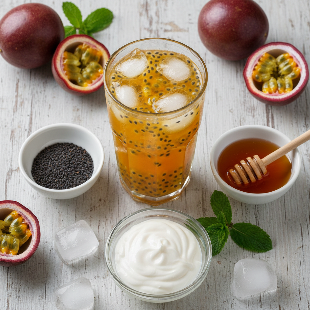 Ingredients for Basil Seed Passionfruit Milk Tea laid out