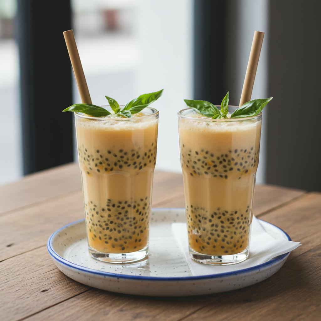 Basil Seed Passionfruit Milk Tea served ready to enjoy