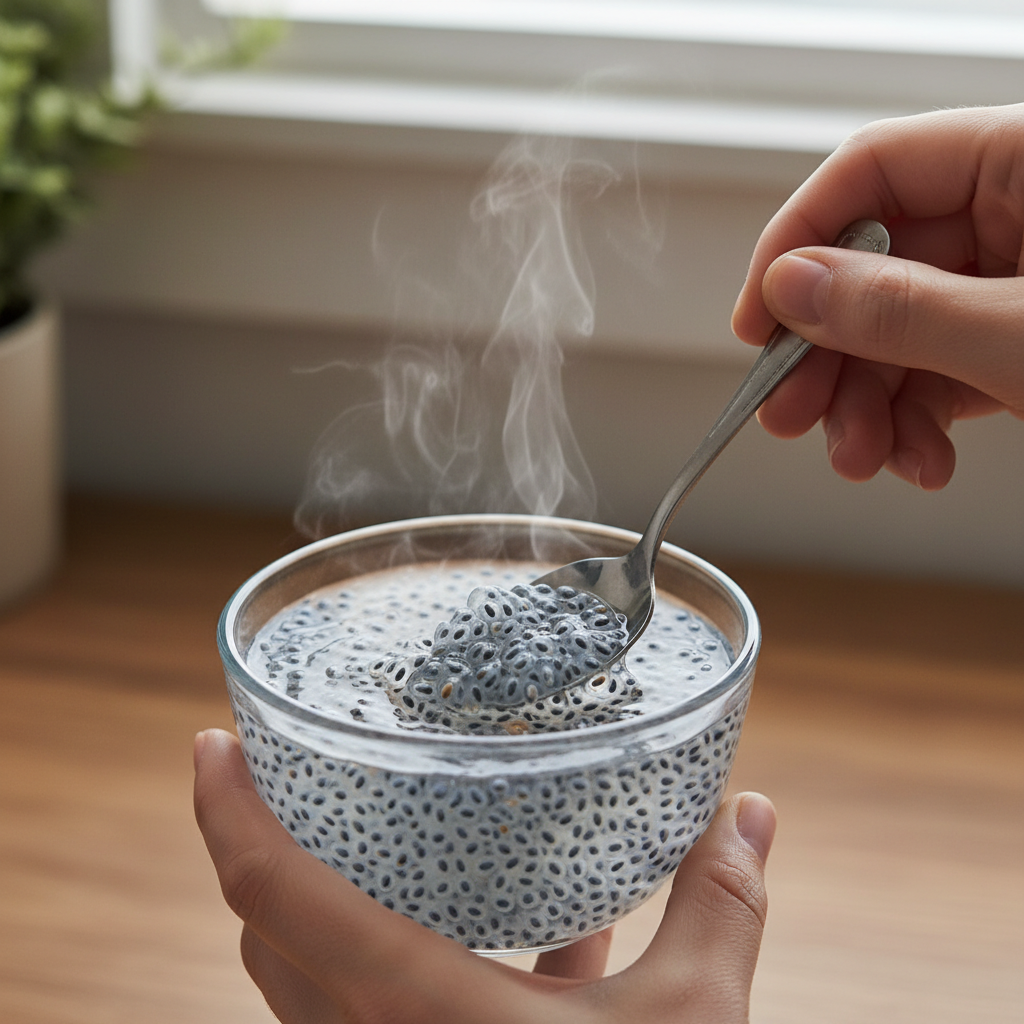 Basil seeds soaking in water in a small bowl