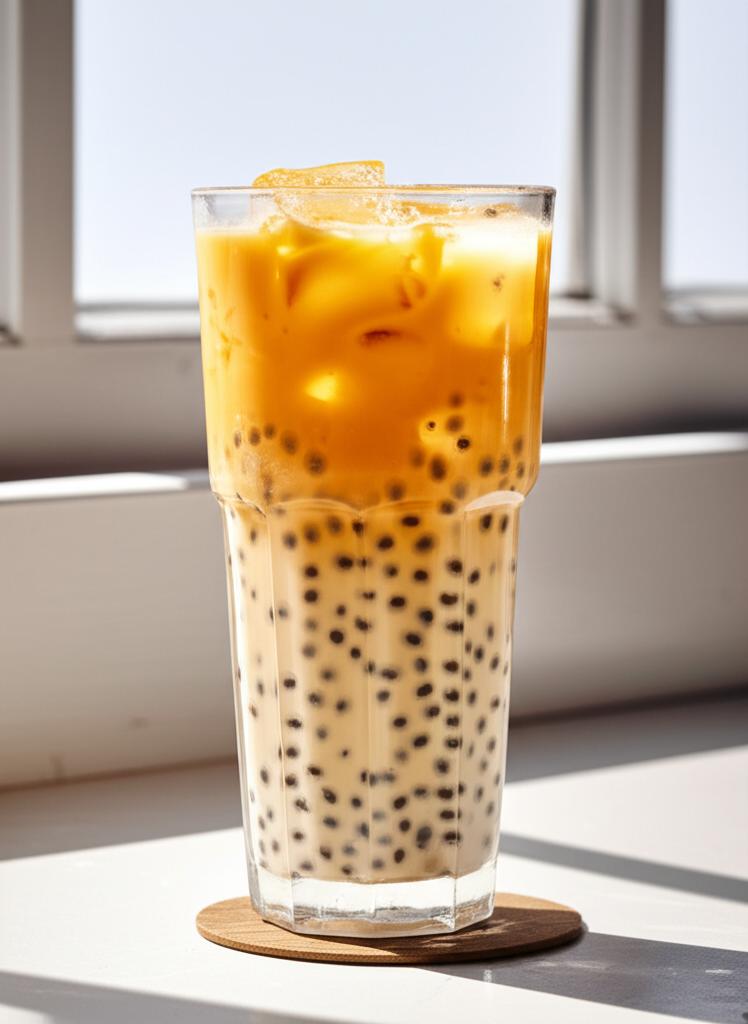 Basil Seed Passionfruit Milk Tea drink in a glass with straw