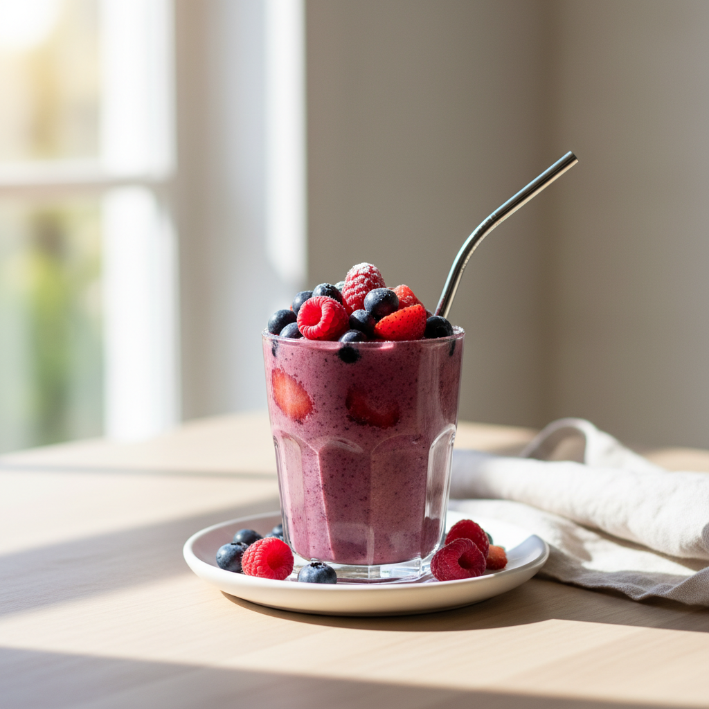 Berry Coffee Smoothie served in glass with ice and a straw