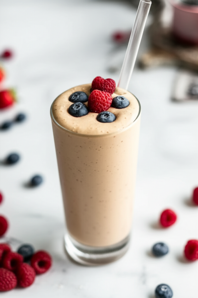 Berry Coffee Smoothie in a glass with berries