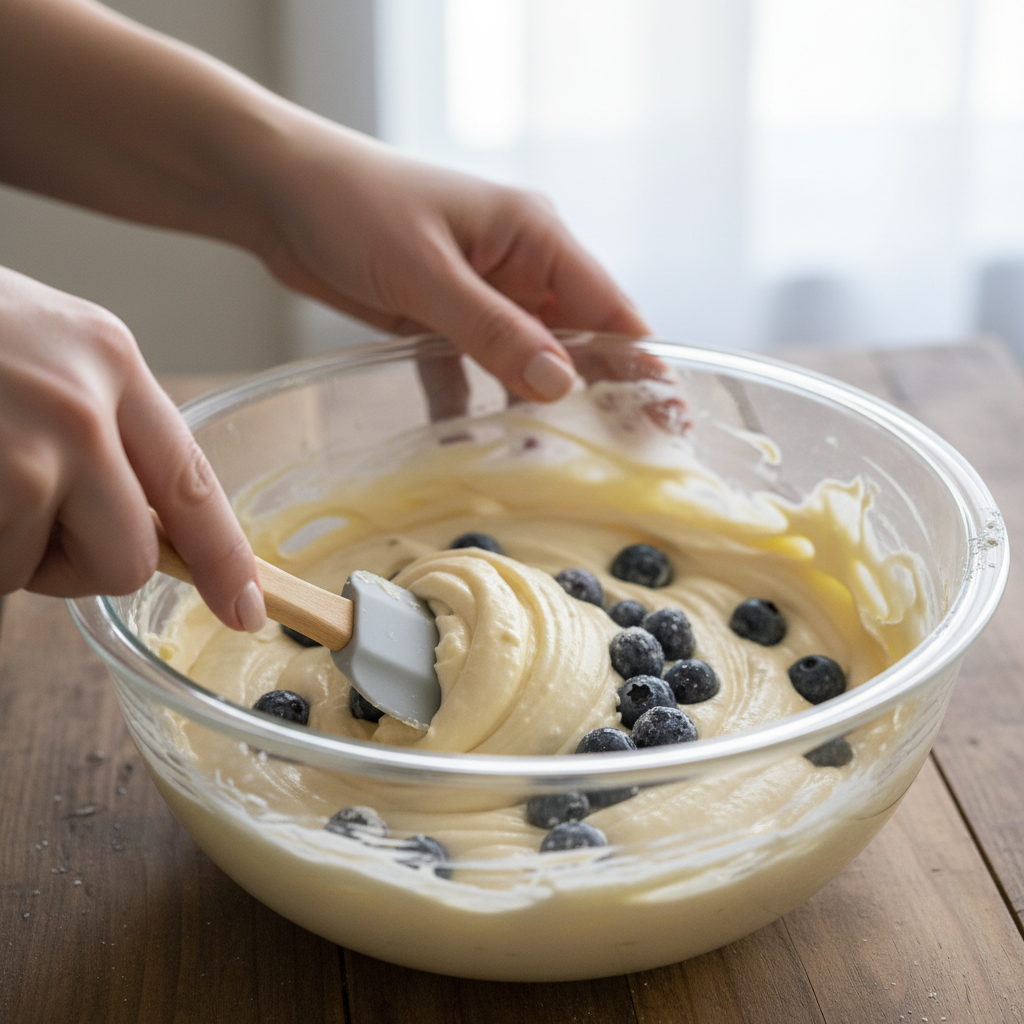 Mixing fresh blueberries into cake batter