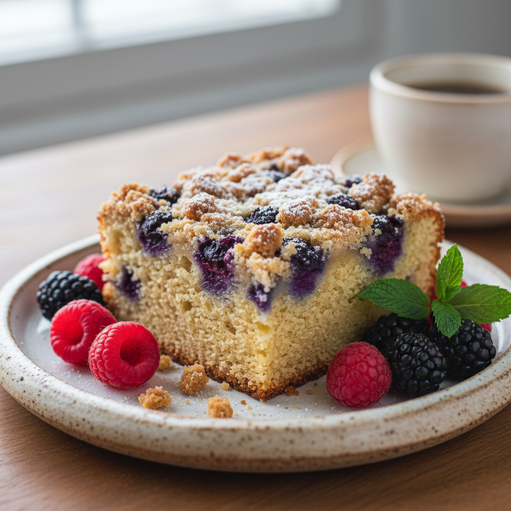 Baked Blueberry Coffee Cake cooling before serving