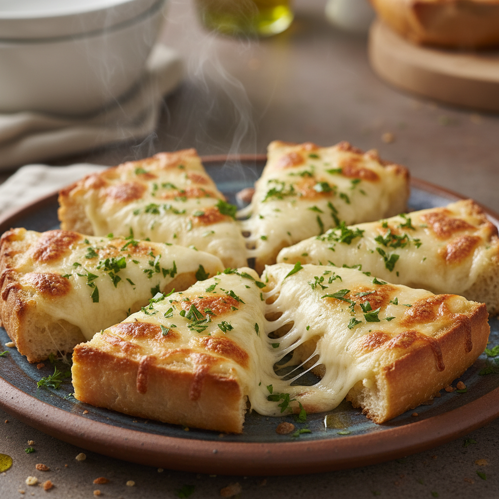 Broiled cheesy garlic bread with parsley garnish