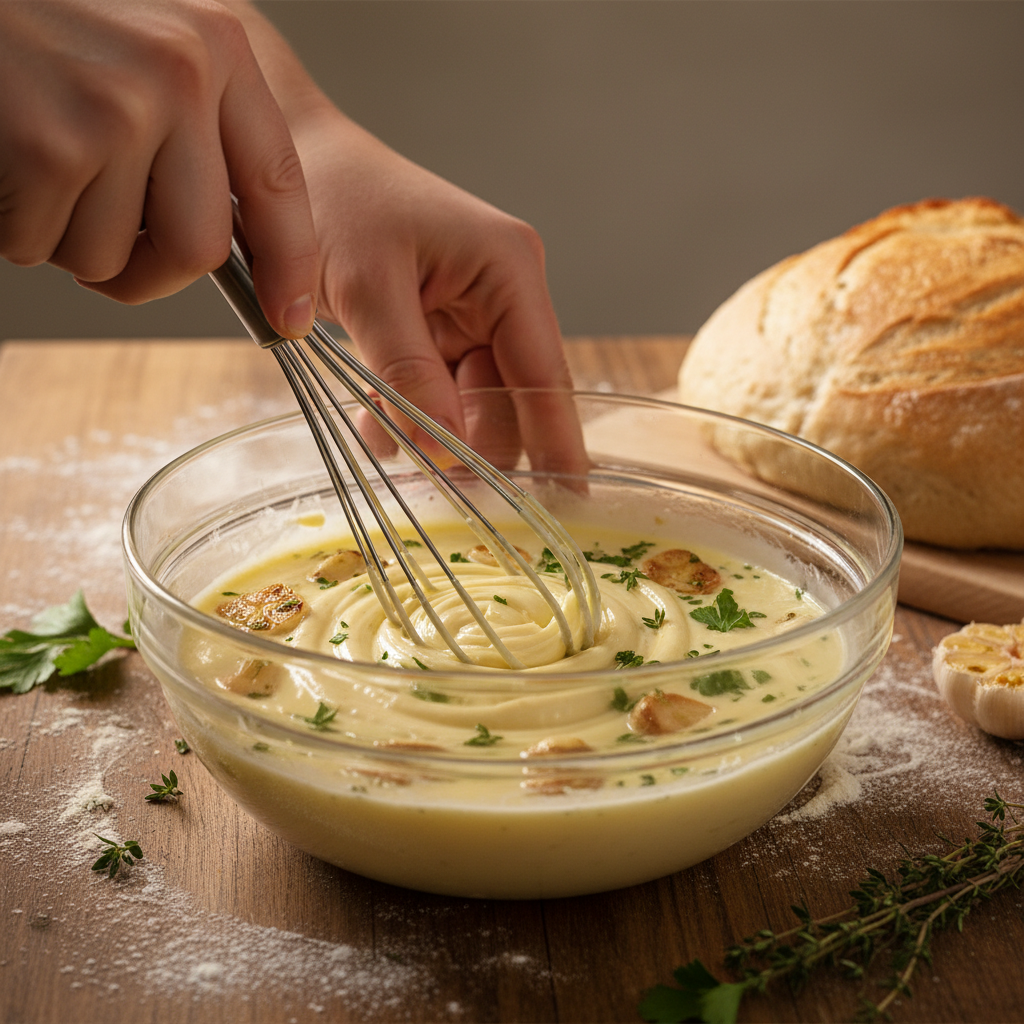 Mixing mashed garlic with butter, egg, milk and spices
