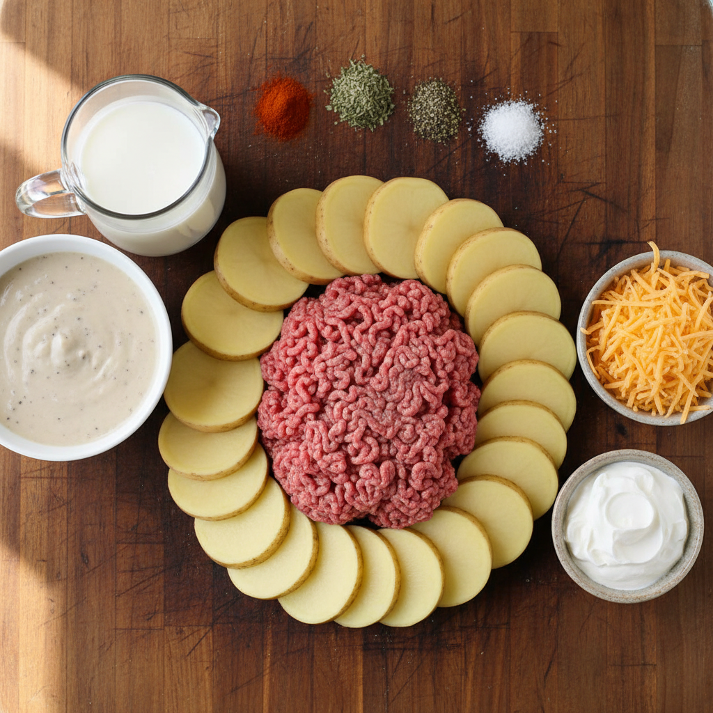 Ground beef and potatoes cooking in skillet