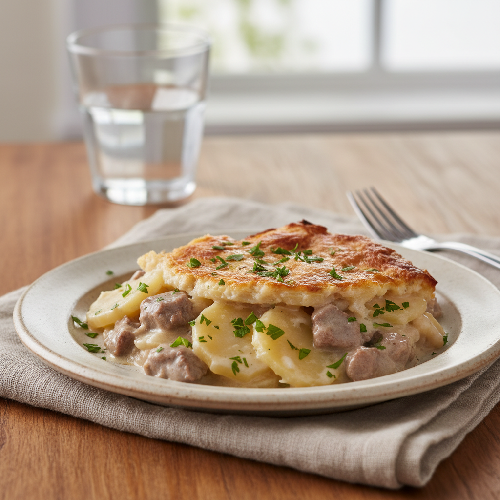 Serving creamy beef and potato casserole with salad and bread