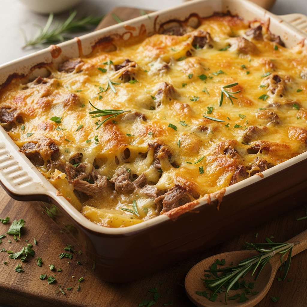 Creamy beef and potato casserole in a baking dish