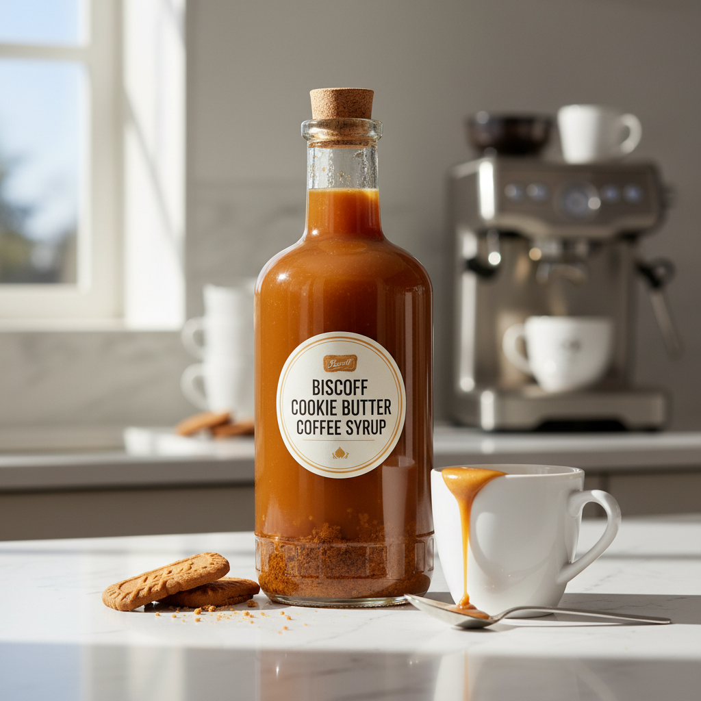 Finished Biscoff Cookie Butter Coffee Syrup in glass jar