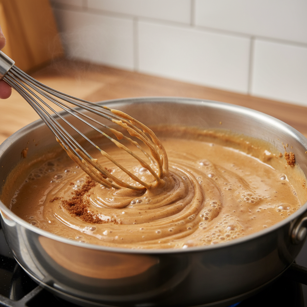 Mixing and simmering Biscoff Cookie Butter Coffee Syrup in saucepan