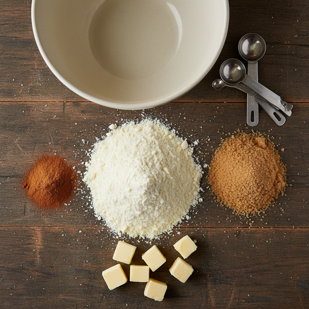 Ingredients and tools needed for Bisquick coffee cake