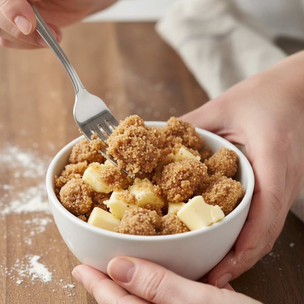 Crumbly cinnamon sugar topping being prepared