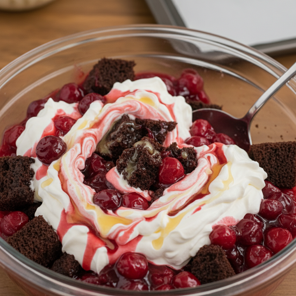 Preparing Black Forest Trifle layers