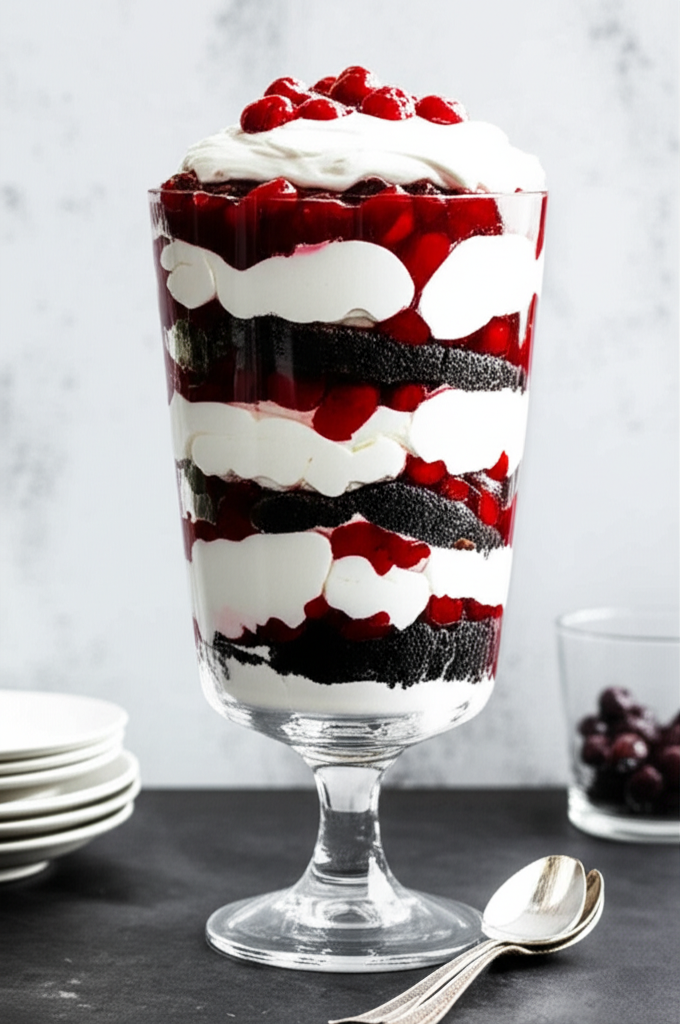 Black Forest Trifle in a glass bowl