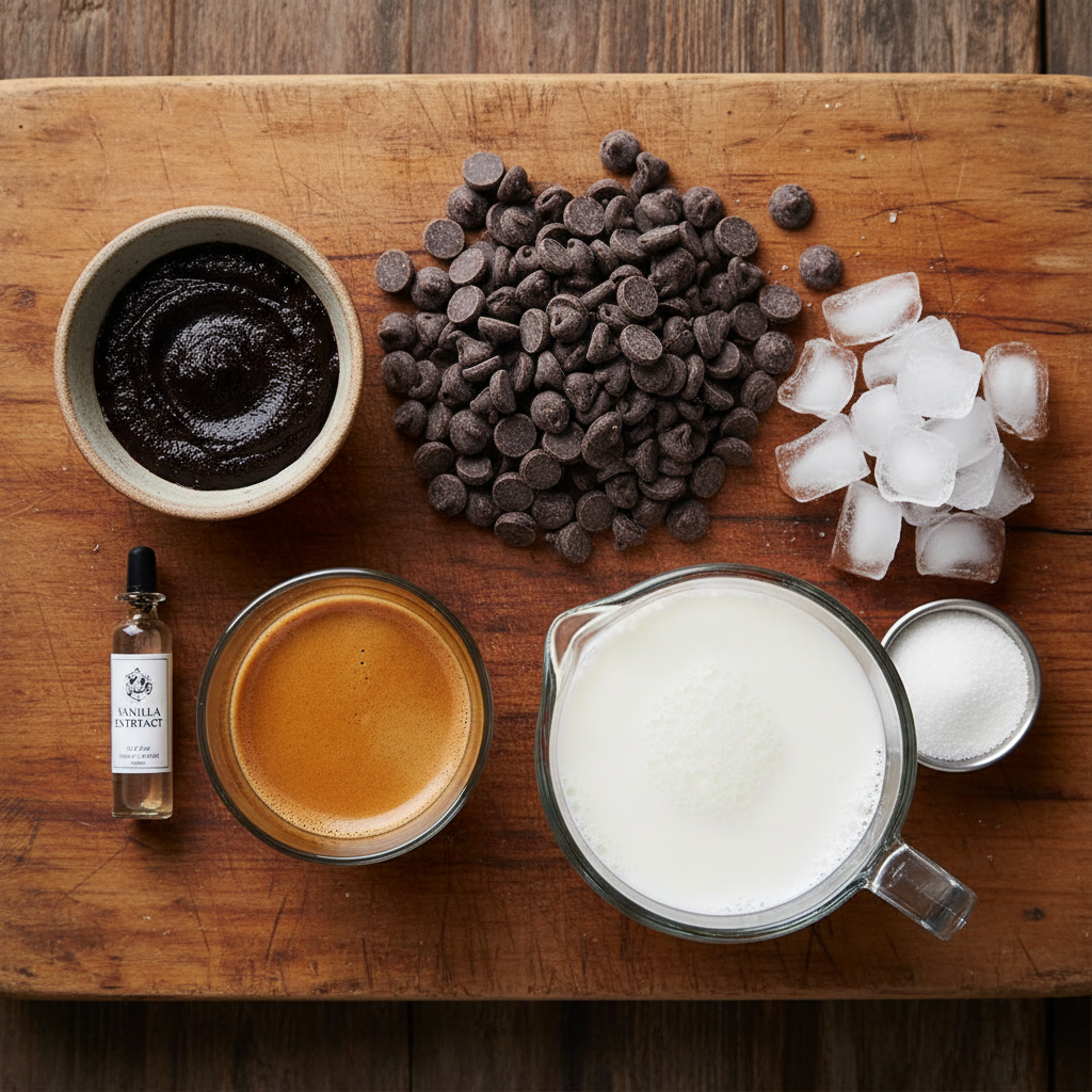 Ingredients for mocha frappe with black garlic on countertop
