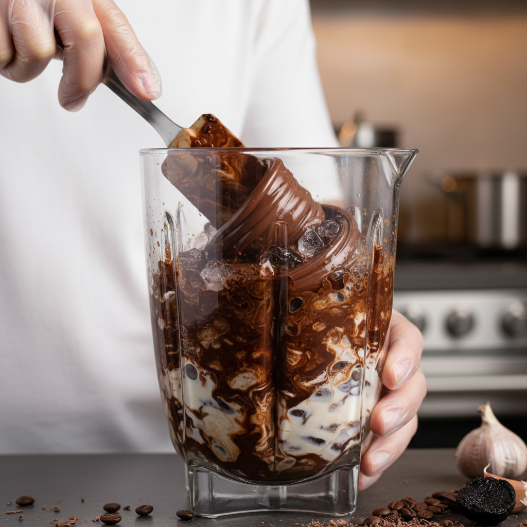Ingredients combined in blender for mocha frappe with black garlic