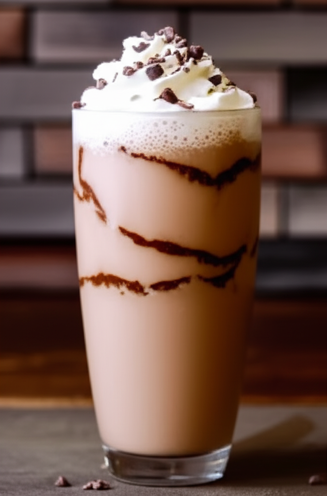 Mocha frappe with black garlic in a clear glass with whipped cream topping