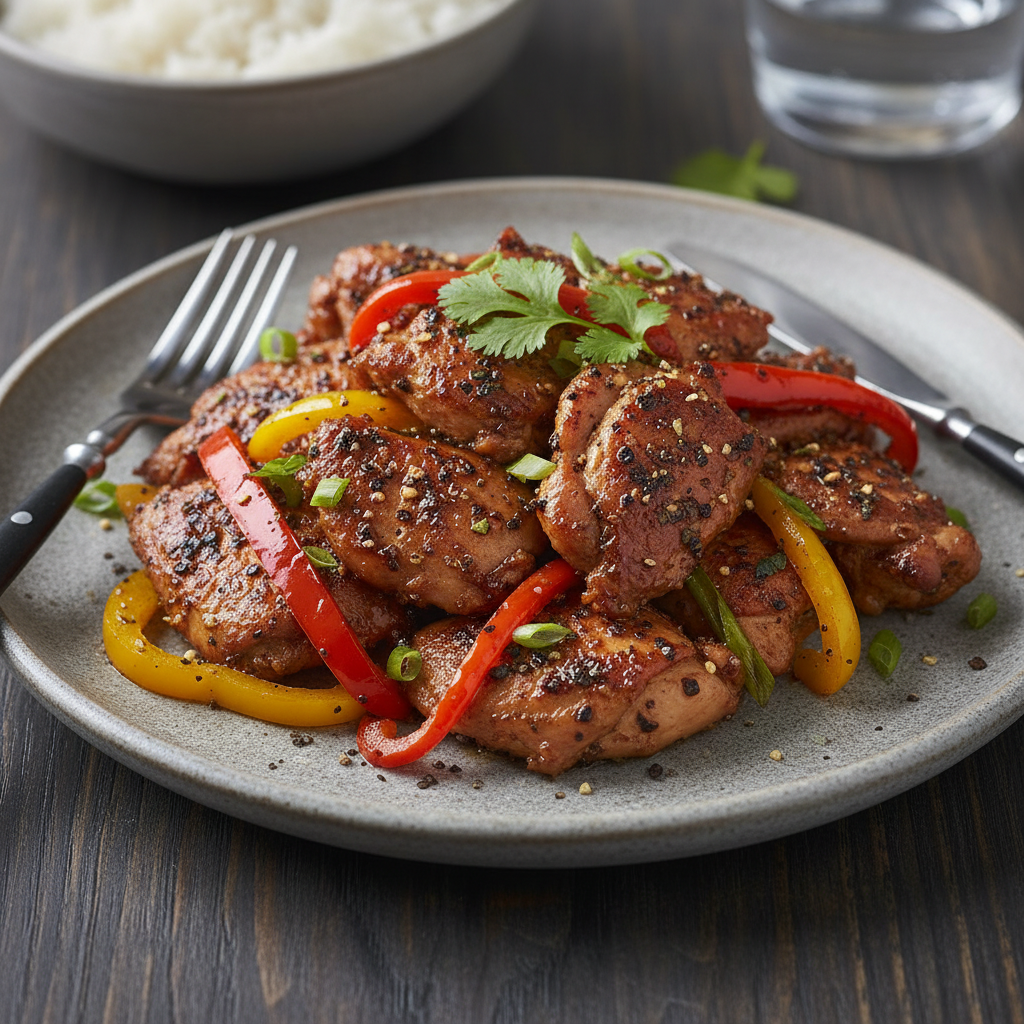 Finished black pepper chicken served on plate