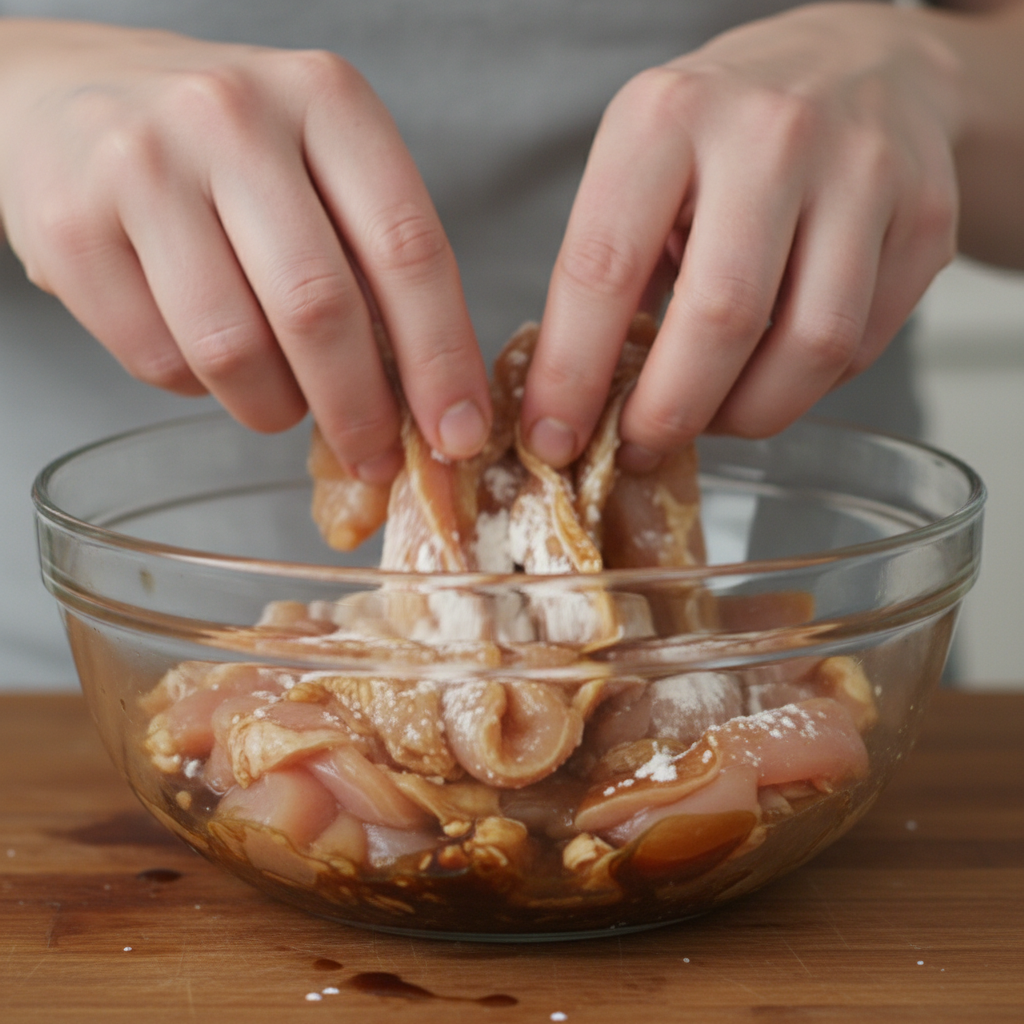 Marinating chicken with soy sauce, Shaoxing wine, and cornstarch