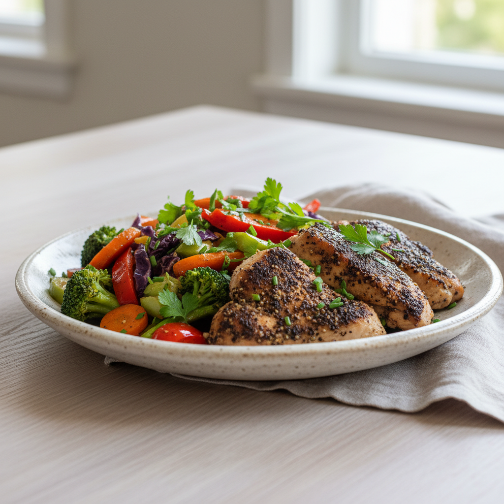 Final plated black pepper chicken meal