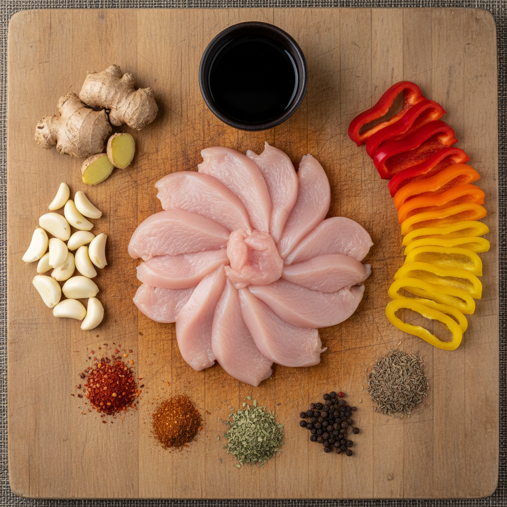 Ingredients for black pepper chicken laid out