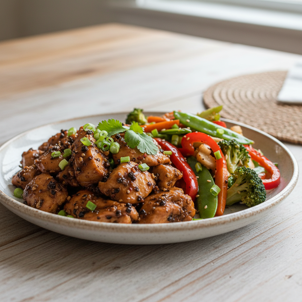 Juicy black pepper chicken and colorful vegetables ready to serve