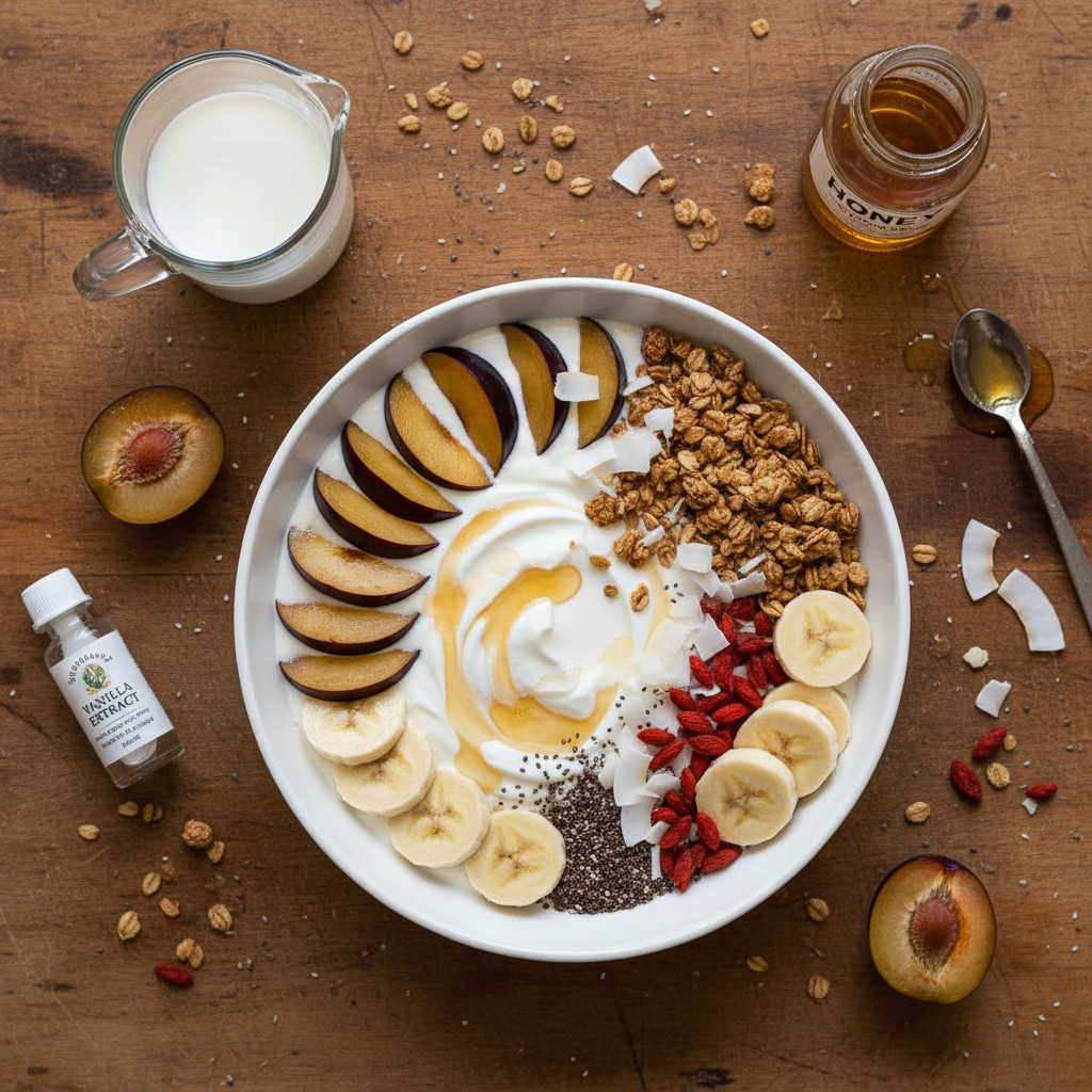 Ingredients for smoothie bowl with black plums