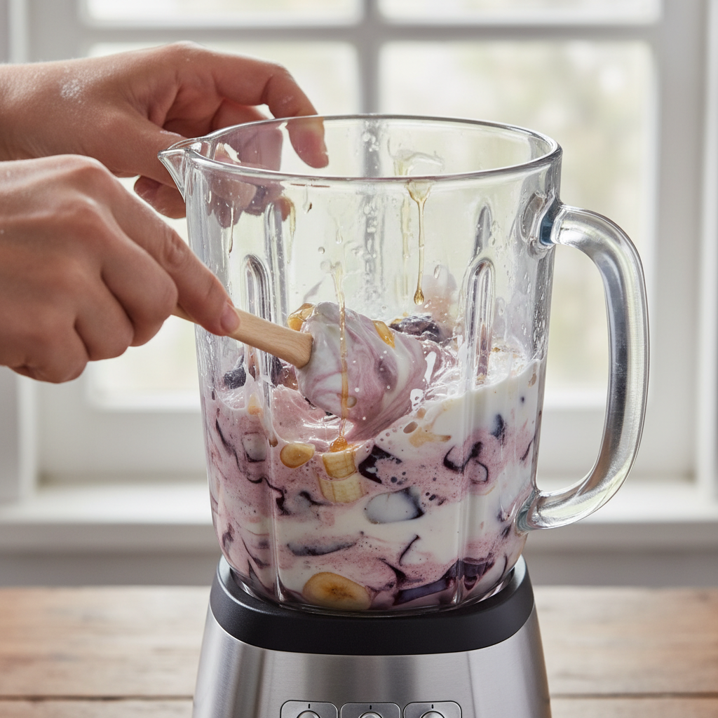 Blending smoothie base with plums and banana