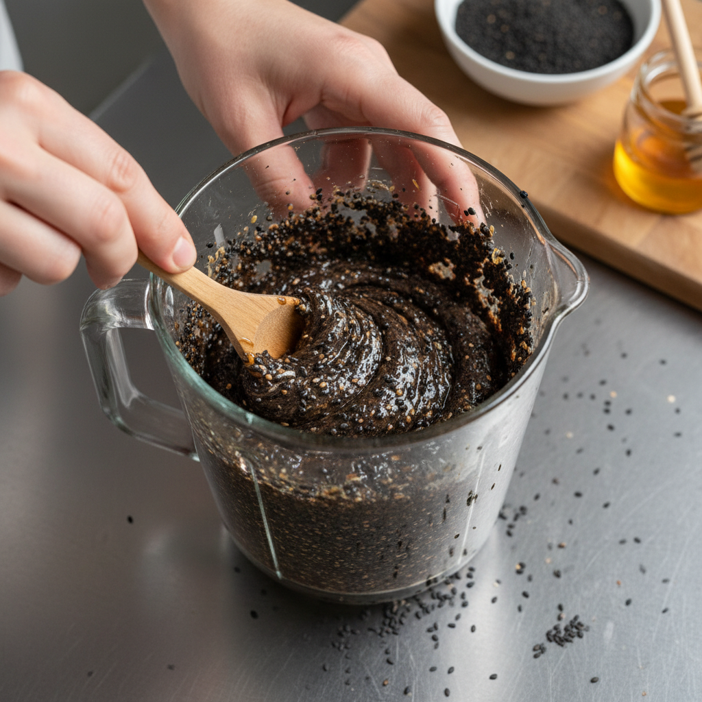 Mixing black sesame paste in blender