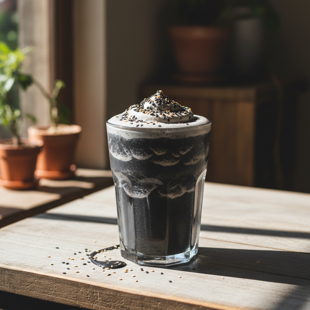 Glass of black sesame frappe topped with whipped cream and sesame seeds