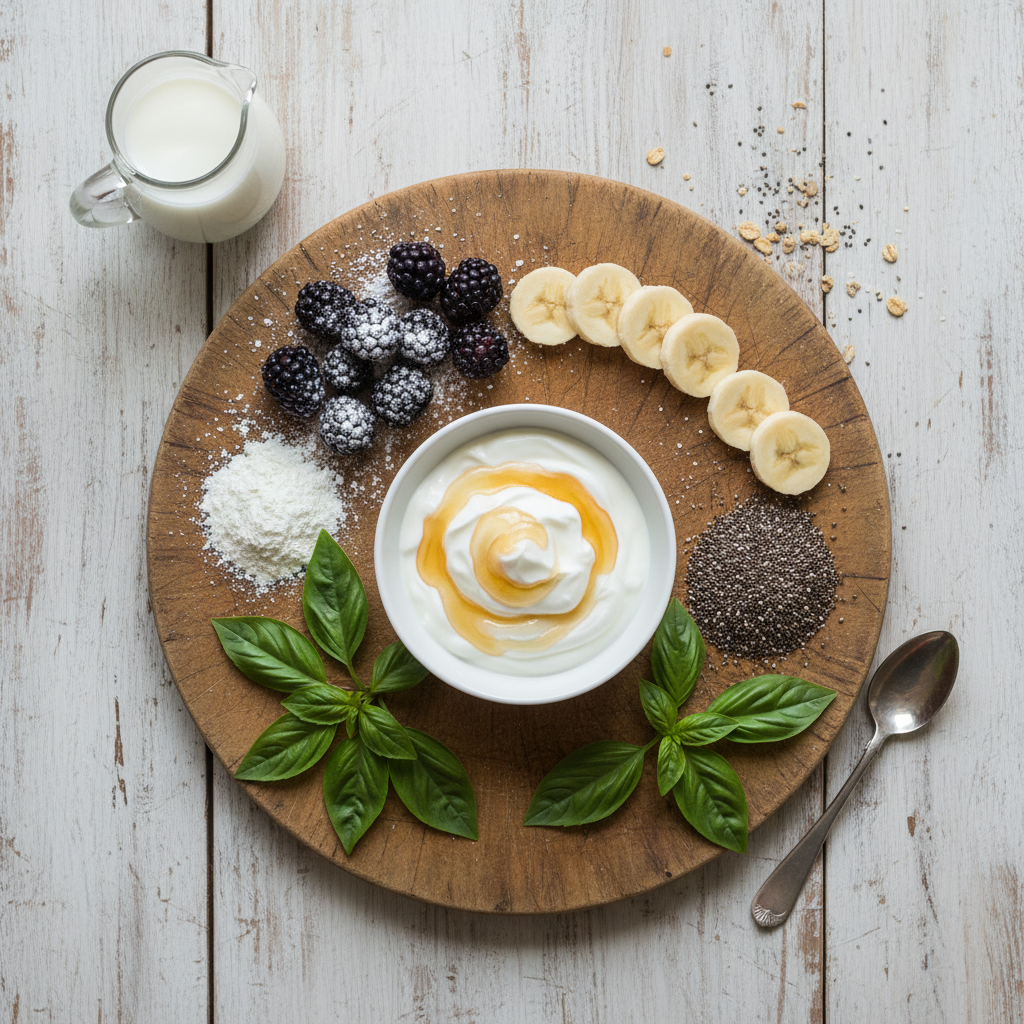 Ingredients for blackberry basil protein smoothie