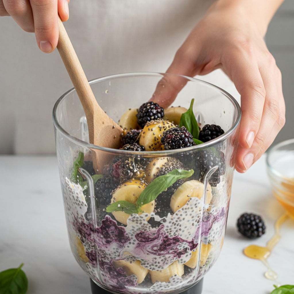 Step by step preparation of blackberry basil protein smoothie
