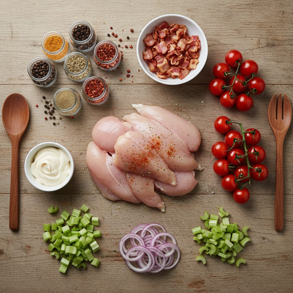 Ingredients for BLT Chicken Salad displayed on table