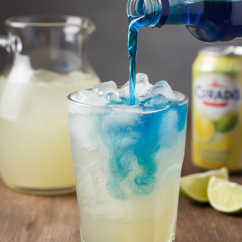 Pouring blue curaçao syrup into glass with ice