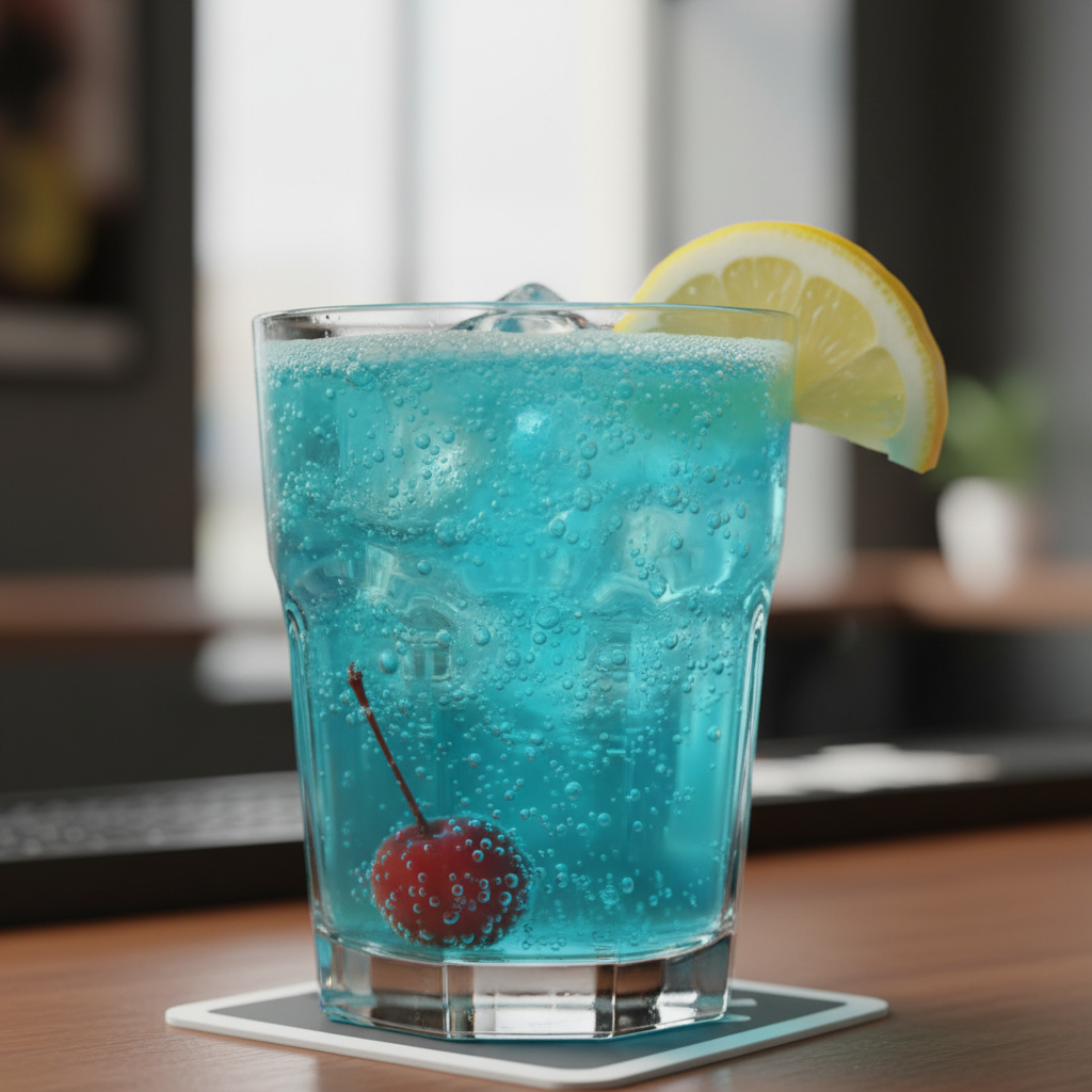 Blue Lagoon Fizz cocktail with garnish and decorations